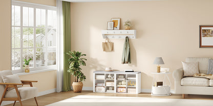 Set scarpiera per armadio, appendiabiti, divanetto scarpe con cuscino, divano d'ingresso, organizzazione e stoccaggio, 30 X 104 X 49 cm, appendiabiti a parete con 9 ganci, camera da letto, area ingresso, bianco e grigio