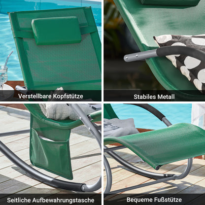 1 Pezzo Lettino Prendisole Lettino da Giardino Sdraio Relax Sedia a Dondolo da Esterno con Cuscino Poggiatesta Superficie Ergonomica Tessuto Resistente agli Agenti Atmosferici Struttura in Metallo Tasca Laterale Portata Massima 150 kg Terrazza Balcone Gia