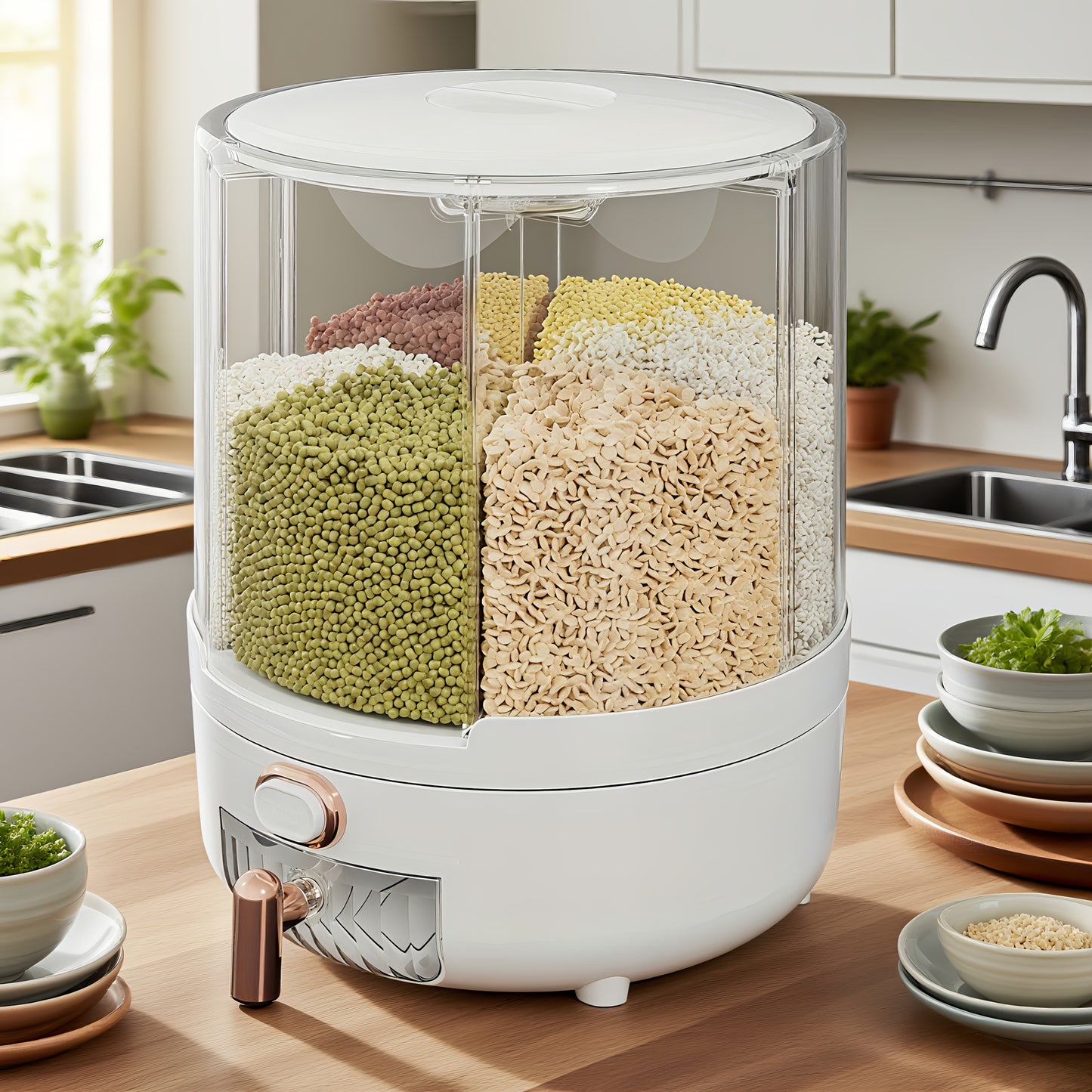 Contenitore Rotante per Cereali | PET | 6 Scomparti Antiumidità | Design a Tappo Ribaltabile Rotondo | Lavaggio Manuale Solo per Alimenti Secchi | 4,5 L (L. D. 22 X 25 cm)