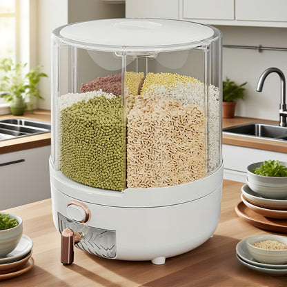 Contenitore Rotante per Cereali | PET | 6 Scomparti Antiumidità | Design a Tappo Ribaltabile Rotondo | Lavaggio Manuale Solo per Alimenti Secchi | 4,5 L (L. D. 22 X 25 cm)