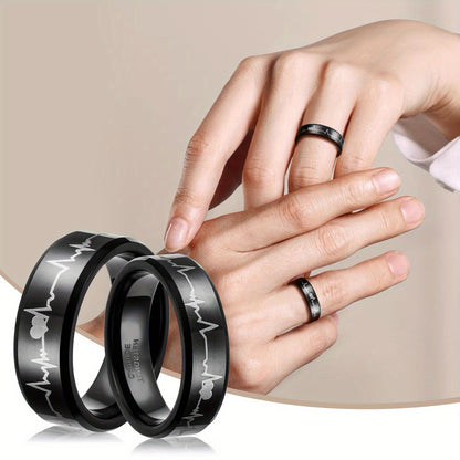 Anello di coppia JewelryWe in carburo di tungsteno con cuori e battito cardiaco, anelli per partner, anelli 'amicizia, fedi nuziali, anelli di fidanzamento, fascia, nero