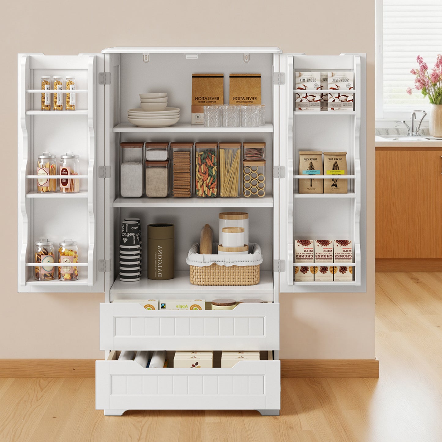 Credenza pensile per cucina - Mobiletto a pavimento con 2 cassetti e 2 ante - 60x40x120cm - Armadi da cucina bianchi