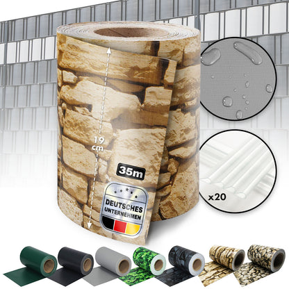 Striscia PVC per Privacy per Recinzione a Doppio Filo – Rotolo da 35m, Altezza 19cm, Include 20 Clip, Disponibile in 3 Colori e 4 Design