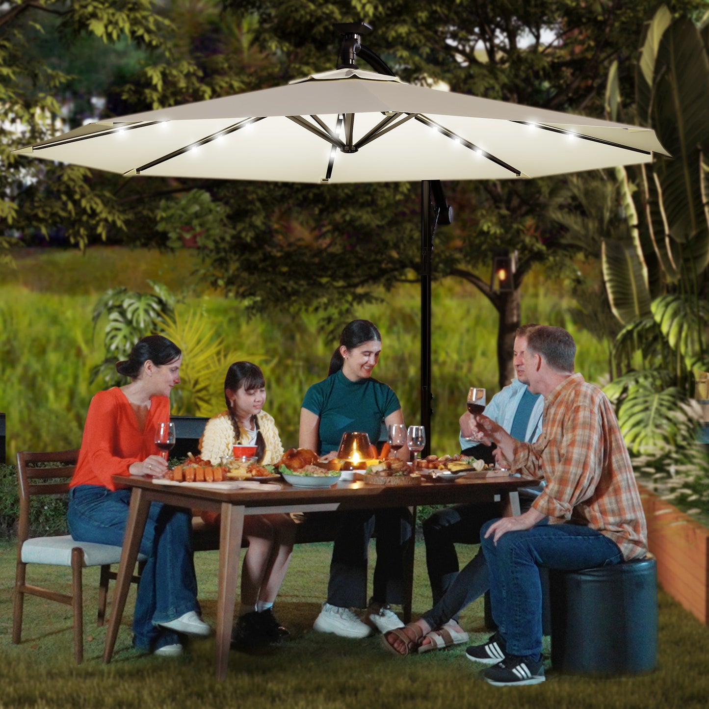 Ombrellone da giardino 3/3.5M, rotazione a 360°, con inclinazione a manovella a 45° per patio, piscina, balcone, con LED solare