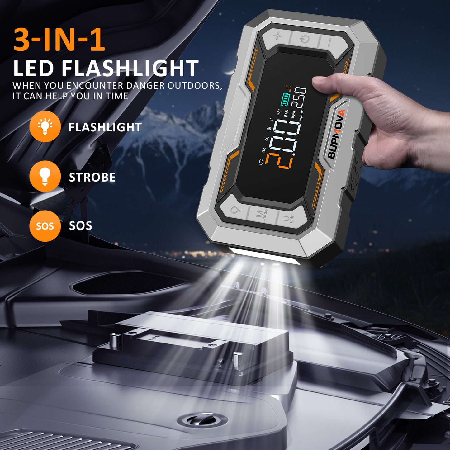 Avviatore di emergenza per auto 8000A con compressore d'aria, pompa di gonfiaggio cordless per pneumatici, booster di batteria con power bank e torce a LED, doppio display della pressione dell'aria