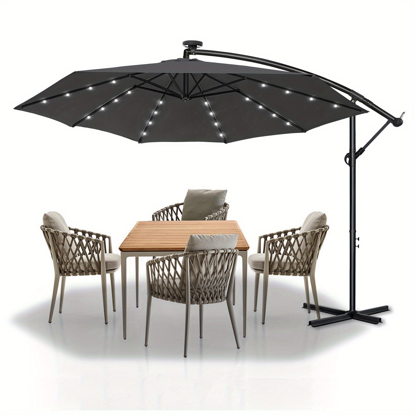 Parasole da balcone 300/350cm, parasole a sbalzo LED con manovella, parasole da giardino in alluminio con supporto, protezione solare, protezione UV, terrazza, giardino, spiaggia