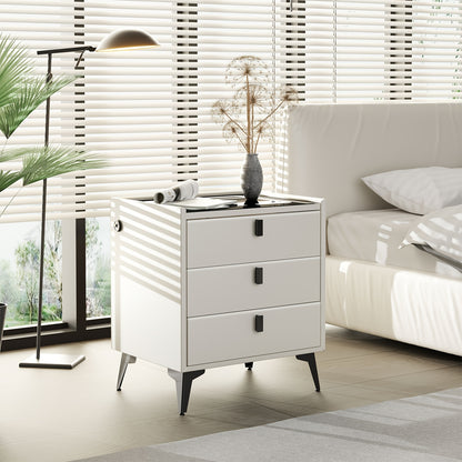 Comodino Nero/Bianco, Comodino con Luci LED Regolabili e 3 Cassetti, Organizer per Comodino Lucido per Camera da Letto