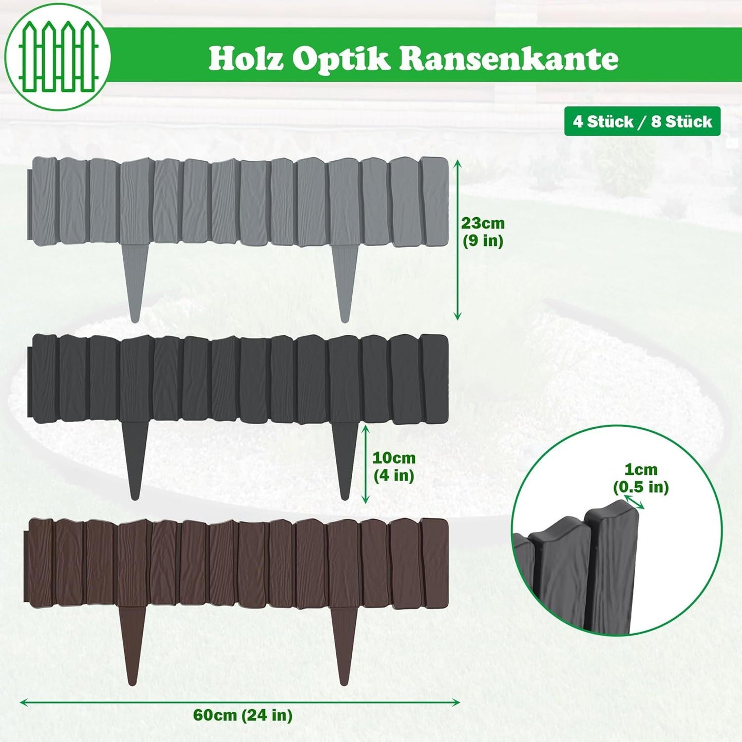 Recinzione da giardino in plastica con bordo a grana legno finto e chiodi da terra 10 cm per delimitare prato o aiuola