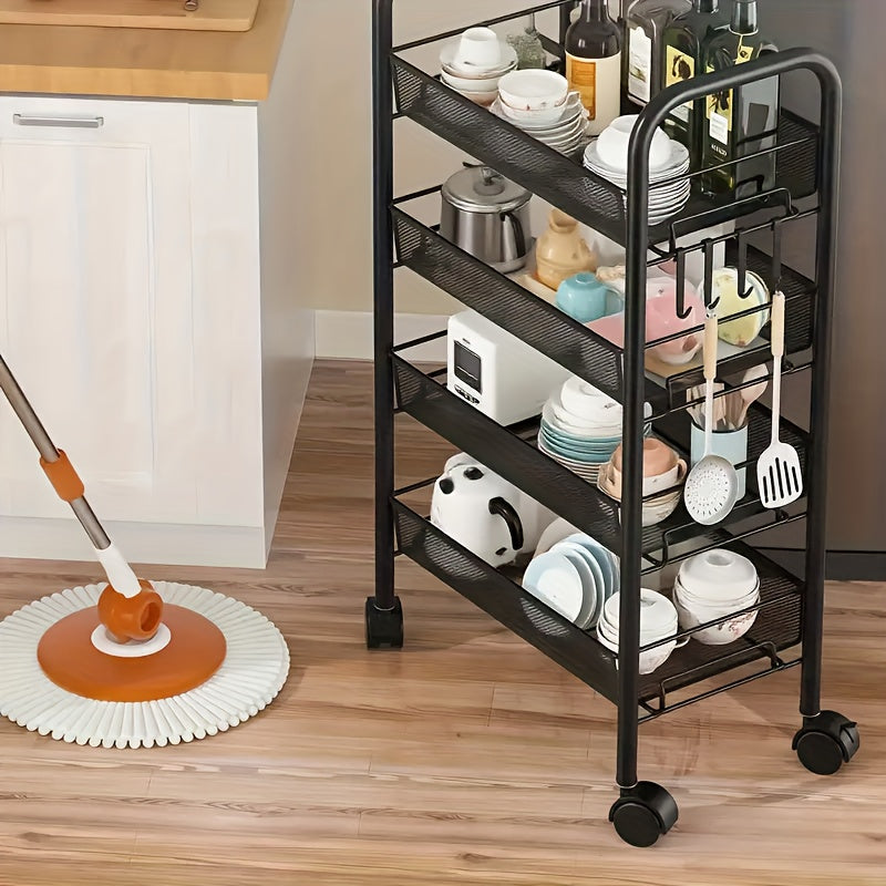Scaffale Multifunzionale in Metallo a Tre/Quattro Livelli con Ruote, Scaffale Resistente Nero, Ideale per Garage e Cucina, Grande Capacità, Facile da Montare, Scaffale e Armadio per Cucina, Pratico e Funzionale, Perfetto per Cucina e Dispensa, Cestelli pe