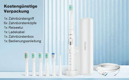 Spazzolino elettrico sonico per adulti con modalità intelligenti e ricaricabile USB, tecnologia a onde sonore adatta a denti e gengive sensibili, setole morbide, 6 testine, custodia da viaggio e supporto da parete, adatto per viaggi, regali di Natale