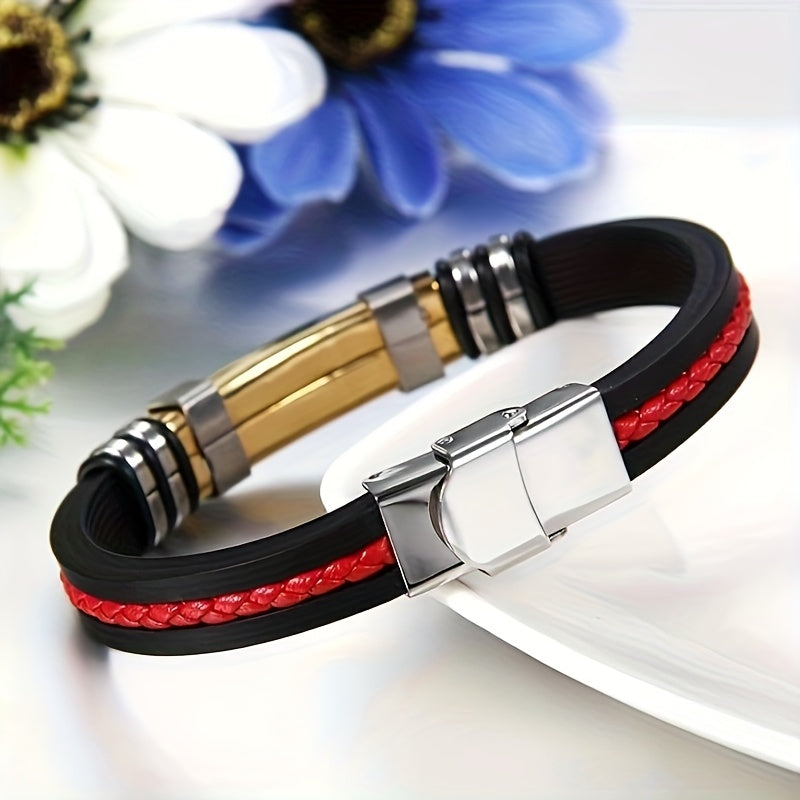 Braccialetto Uomo con Cinturino in Pelle Rossa Intrecciata e Silicone Nero - Design Sportivo Retro, Resistente e Comodo per Tutti i Giorni, Feste, Natale, San Valentino, Regalo per la Festa del Papà