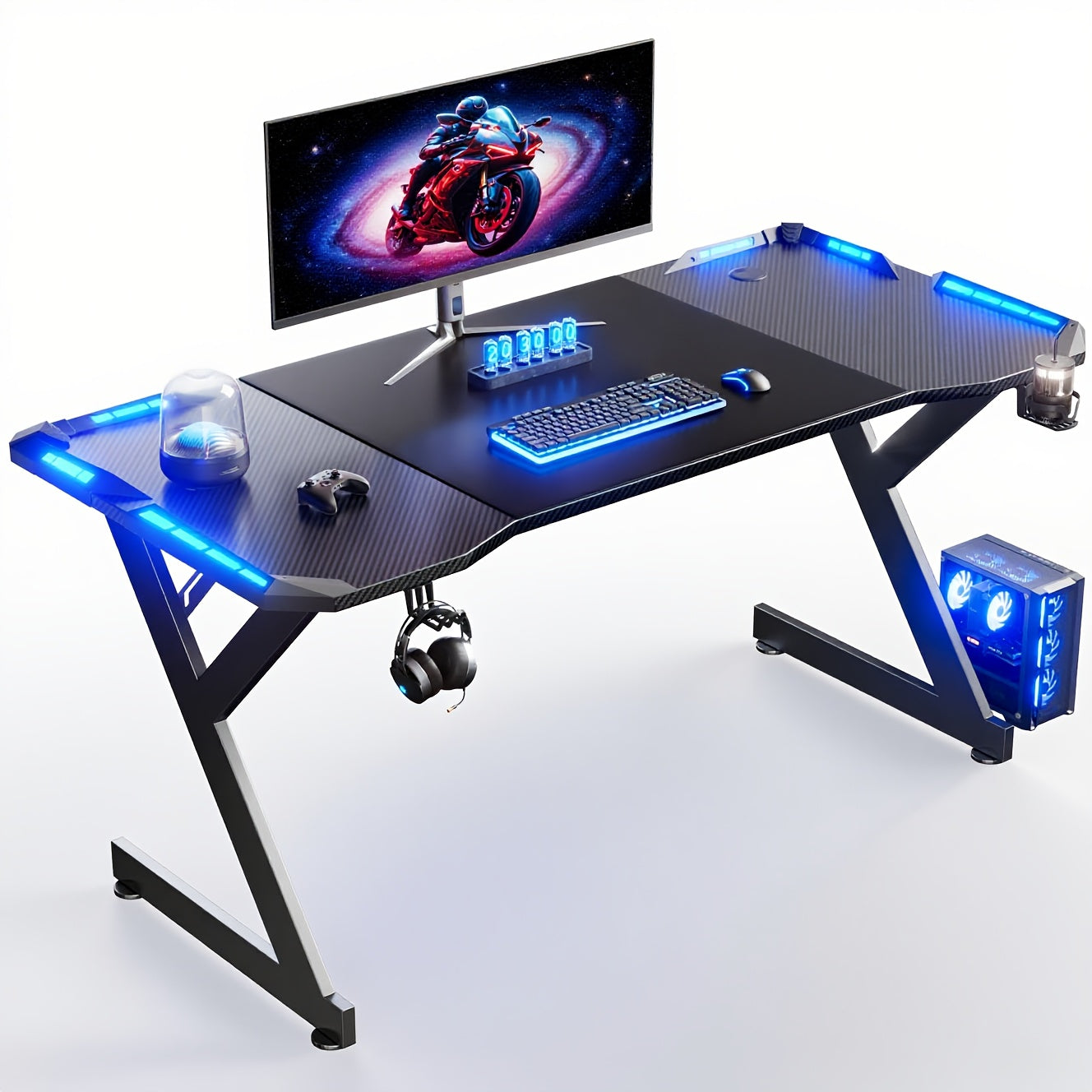 Scrivania da Gaming a Forma di Y con Luci LED RGB, Superficie in Fibra di Carbonio, Tavolo per Computer Ergonomico con Portabicchieri e Gancio per Cuffie, Postazione di Lavoro per Gamer, Ideale per Setup pz in Camera da Letto, Regalo di Natale, Compleanno