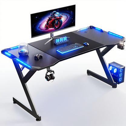 Scrivania da Gaming a Forma di Y con Luci LED RGB, Superficie in Fibra di Carbonio, Tavolo per Computer Ergonomico con Portabicchieri e Gancio per Cuffie, Postazione di Lavoro per Gamer, Ideale per Setup pz in Camera da Letto, Regalo di Natale, Compleanno