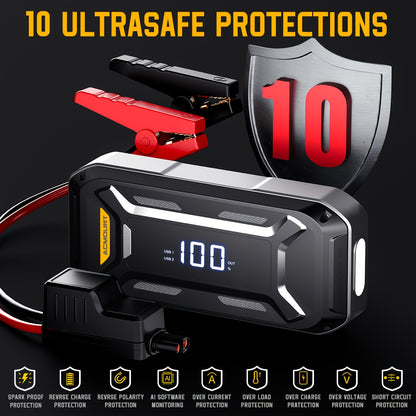 Avviatore di Emergenza per Auto, Batteria Booster ad Alta Capacità da 26800Mah per Tutti i Motori a Benzina e Diesel da 10.0L, Avviatore Auto 12V con Torcia, Ampio Display LCD, Ricarica Rapida USB
