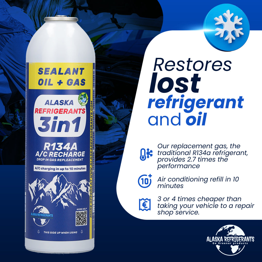 Kit Refrigeranti Combinati Alaska – Refrigerante di Ricambio 3in1 R134a con Olio PAG 100 e Sigillante + Refrigerante di Ricambio R134a + Tubo e Manometro