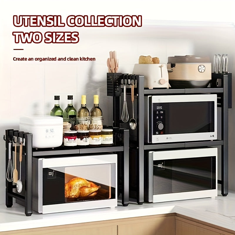 Scaffale per microonde espandibile a 2/3 ripiani con 6 ganci, porta coltelli/stecche/tavola da taglio, organizer in metallo salvaspazio per spezie, utensili e articoli da cucina, ripiano da appoggio con montaggio rapido, regalo perfetto per l'inaugurazion