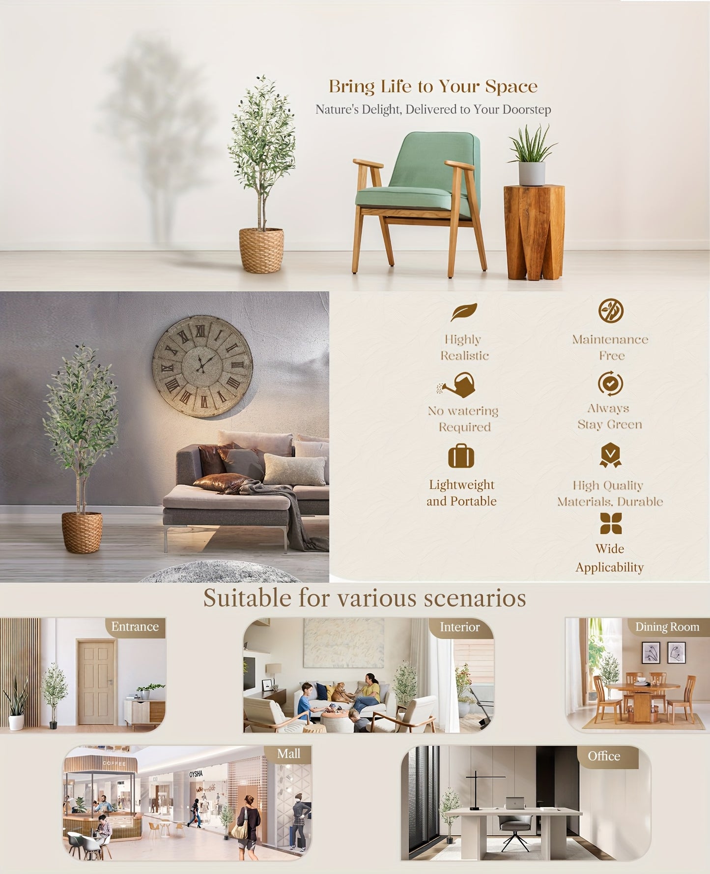 Albero di ulivo artificiale di 120/150/180/210 cm di altezza con frutti realistici e tronco in legno naturale, perfetto per l'arredamento moderno di casa, ufficio e soggiorno