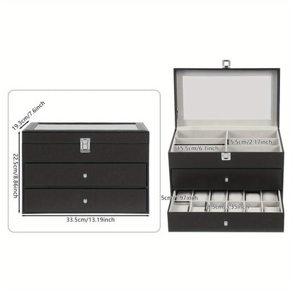 Scatola portaocchiali e orologi a 3 strati con 24 scomparti, custodia organizzatrice per occhiali da vista alla moda per donna e uomo - Portaocchiali portaoggetti multiplo con cassetto, coperchio in vetro e passante per esterni