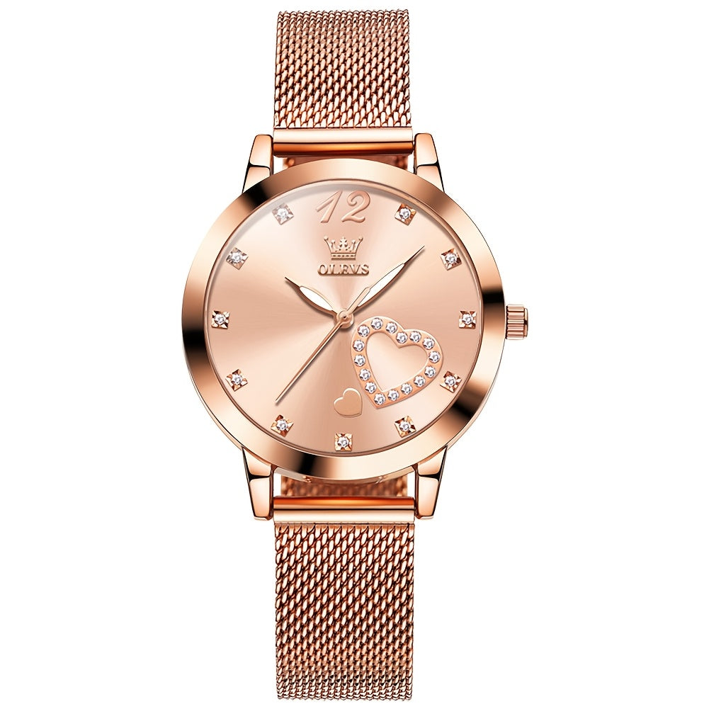 OLEVS Orologio da Donna Moda Oro Rosa Strass Orologio da Donna per Donne Cinturino a Rete Lusso Abito Cuori Damigelle Quarzo Luminoso Data Orologi da Polso da Donna Quadrante Nero/Bianco/Rosso/Rosa