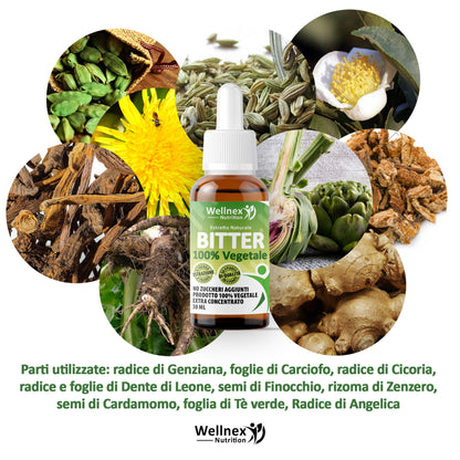BITTER – 30ml, Estratto AMARO 100% Vegetale da 9 Piante, Senza Alcol, No Zuccheri Aggiunti, Estratto di Carciofo, Genziana, Cardamomo, Zenzero, Tè Verde, Dente di leone, Finocchio e Tarassaco | Wellnex Nutrition