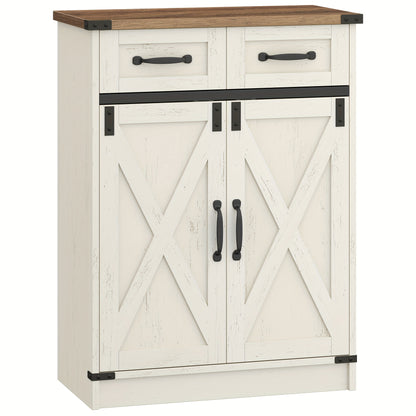 Armadietto Bagno, Armadio con 2 Cassetti e 2 Ante, Mobile da Cucina, Mensola Regolabile, Stile Country House, Soggiorno, 30 x 60 x 80 cm, Marrone Vintage-Bianco