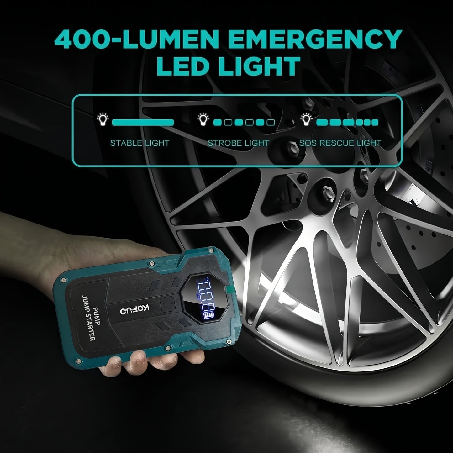 KOPUO 7000A Avviatore di emergenza portatile per auto/Avviatore di emergenza 10000A con compressore d'aria da 150PSI, Booster di batteria di emergenza 12V fino a motori a benzina da 10L/diesel da 8.0L, Power bank 9-in-1 con display LCD e luci LED