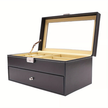 Porta Orologi in Ecopelle Nera, Custodia per Gioielli, Porta Occhiali da Vista e Porta Occhiali da Sole con Cassetto Espositore e Serratura (Porta Occhiali a 9 Scomparti e Porta Orologi a 6 Scomparti)