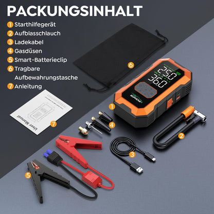 Avviatore di emergenza per auto 12000A con compressore d'aria, pompa di gonfiaggio per pneumatici senza fili, booster per batteria con power bank e torce LED, scatola di avviamento automatico 12V per tutti i veicoli a benzina o diesel da 10.0L, doppio dis