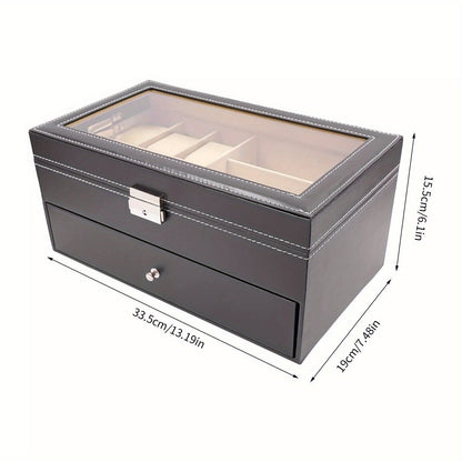 Porta Orologi in Ecopelle Nera, Custodia per Gioielli, Porta Occhiali da Vista e Porta Occhiali da Sole con Cassetto Espositore e Serratura (Porta Occhiali a 9 Scomparti e Porta Orologi a 6 Scomparti)