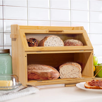 Contenitore per pane in bambù con ventilazione, cassetta per pane grande, 2 ripiani e finestra di visuale, contenitore per pane in legno, panini, contenitore per pane da cucina