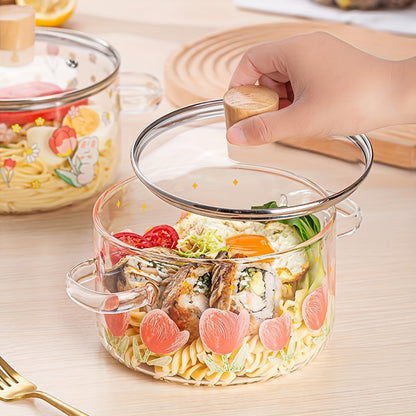 1 pezzo di pentola in vetro stampata con tulipani da 1500ml/50.7oz. Realizzata in vetro borosilicato, adatta per fornelli a gas, fornelli portatili e a cartuccia, non adatta per piastre a induzione, pentolino piccolo con doppie maniglie