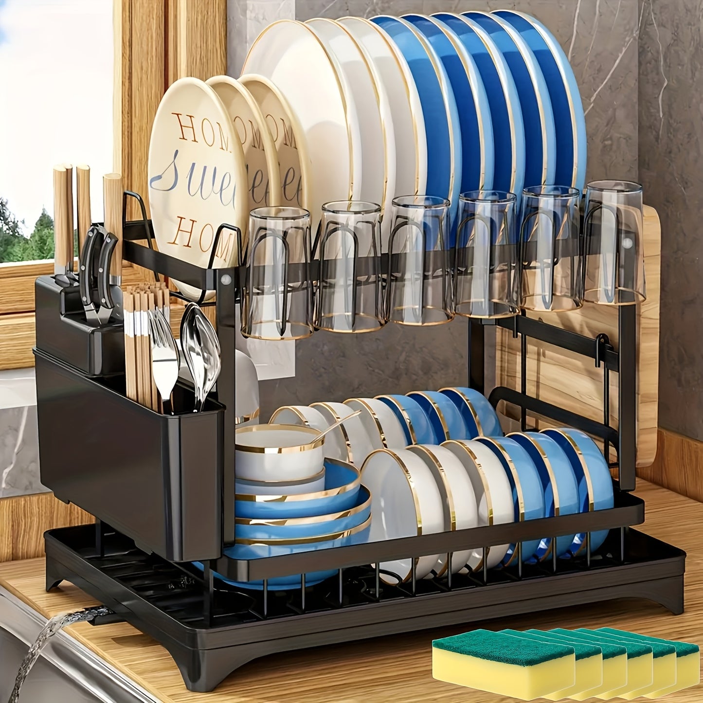 Scarico Piatti in Acciaio Inossidabile a 2 Livelli con Vassoio di Scolo - Scolapiatti Regolabile e Girevole, Porta Utensili e Tazze, Organizzatore per Piano Cucina Risparmio Spazio, Asciugatura Efficiente, Drenaggio Rapido 'Acqua, Costruzione di Alta Qual