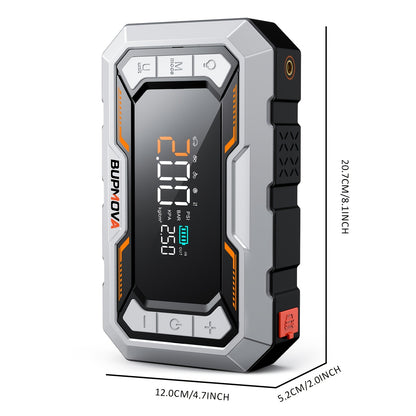 Avviatore di emergenza per auto 9500A con compressore d'aria, gonfiatore per pneumatici cordless, booster per batteria auto con power bank e torce a LED, scatola di avviamento automatico 12V per tutti i veicoli a benzina o diesel da 10.0L, doppia display