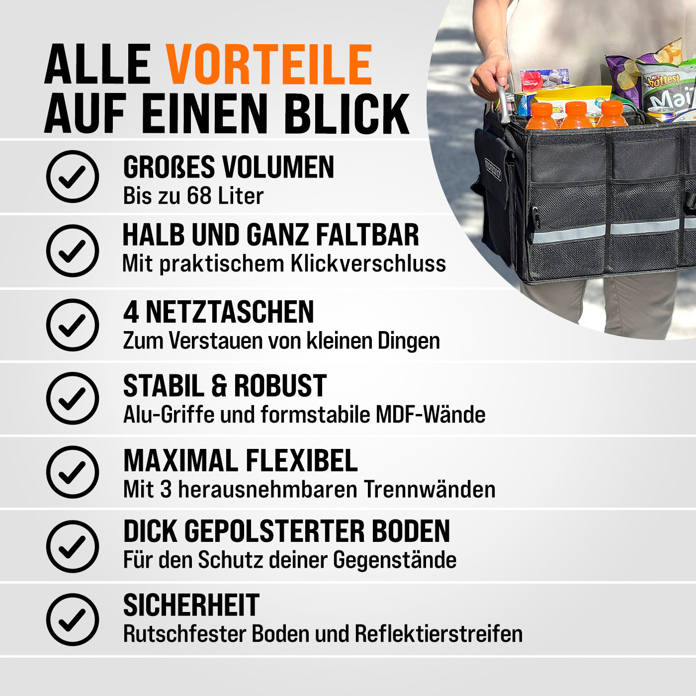 MONZANA® Borsa Bagagliaio Organizer Coperchio 68L Impermeabile Divisori Pieghevole Pareti Rinforzate Antiscivolo Borsa Auto 60X35X30Cm