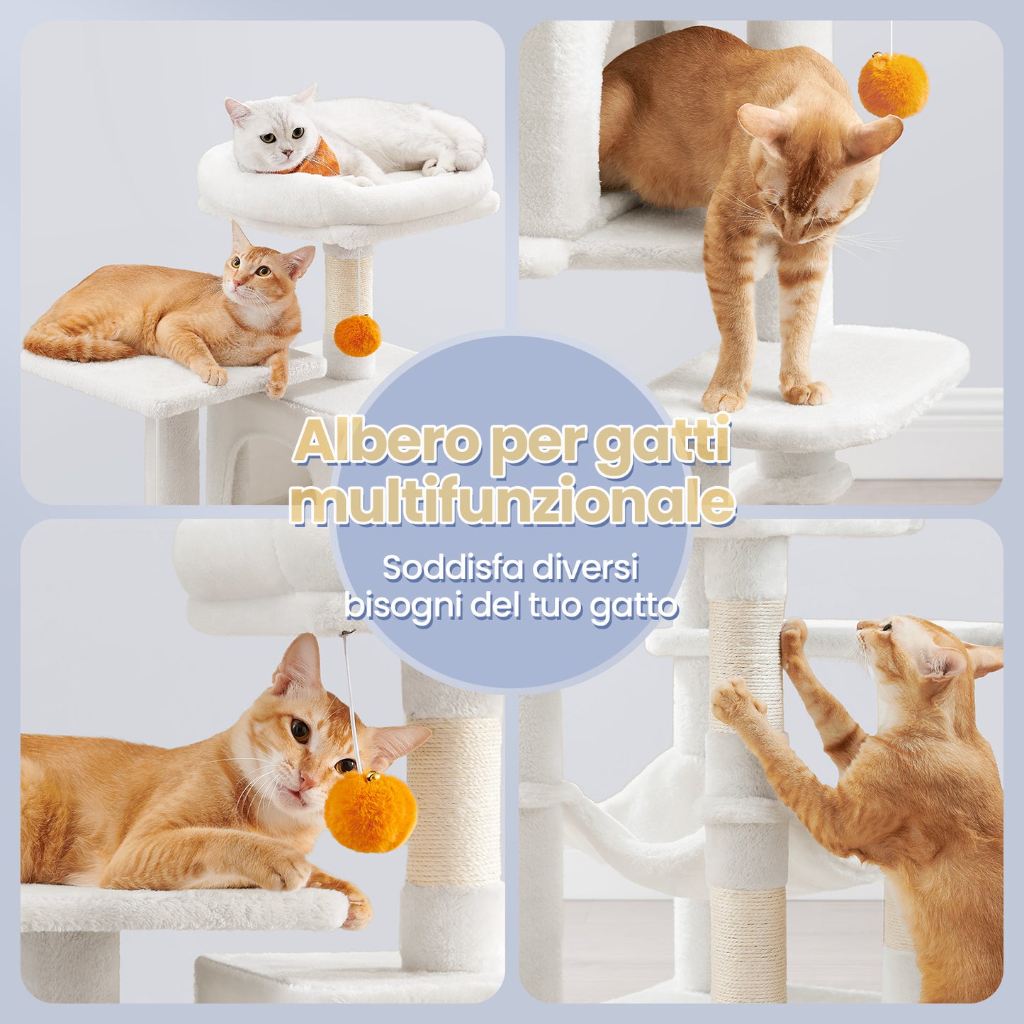 Albero per Gatti Multi Livello, Torre Tiragraffi per Gatti con 4 Pali Tiragraffi, Amaca, Grotta, Giochi