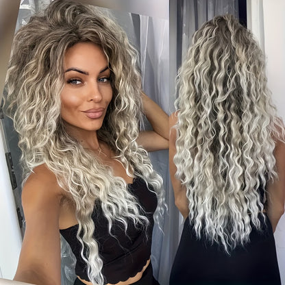 Parrucca riccia da donna sfumata grigio-marrone con radici scure, parte centrale e parte laterale - Fibra sintetica resistente al calore, cuffia traspirante a rete di rose, capelli sintetici dall'aspetto naturale, vestibilità aderente, outfit da festa ann