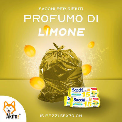 Akitaink Sacchi spazzatura Antiforo con Manici - Profumati - 120 pz da 45L | Misure 55x70cm | Vari Profumi: Brezza Marina, Fragola, Limone e Lavanda Made in Italy