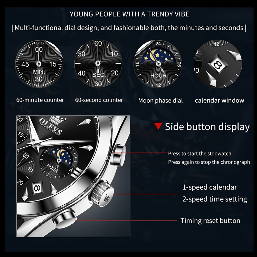 OLEVS Orologio da Uomo Classico Cronografo Cuoio Marrone Cassa Dorata Analogico Quarzo Moda Business Abito Quadrante Grande Orologio da Uomo Giorno Data Luminoso Casual Orologio da Polso Maschile Regali Romantici Relojes De Hombre Quadrante Blu/Nero/Bianc