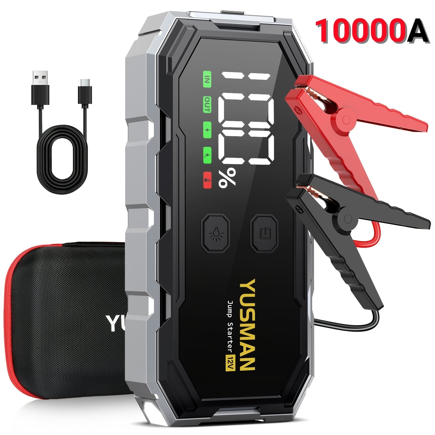 Avviatore di emergenza per auto 10000A/9500A, booster di batteria portatile 12V per tutti i veicoli a benzina/diesel fino a 10 litri, ricarica rapida QC3.0, schermo LCD, luce di emergenza a LED, borsa di stoccaggio in EVA opzionale