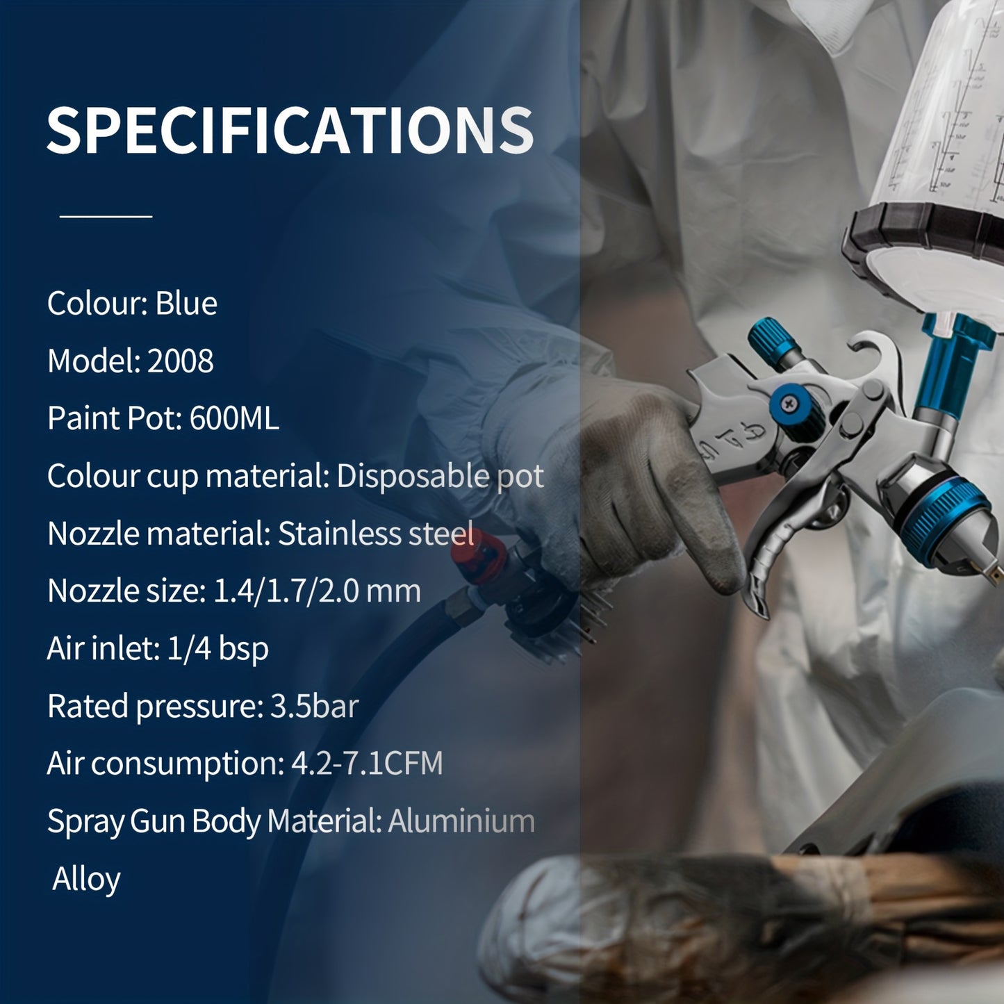 Pistola a spruzzo ad aria HVLP H2008 pneumatica con ugello da 1,4/1,7/2,0 mm, coppa da 650 ml non lavabile, manometro e filtro olio-acqua, bassa pressione d'aria e alta atomizzazione, adatta per automobili, case, mobili, fai da te e appassionati di pittur