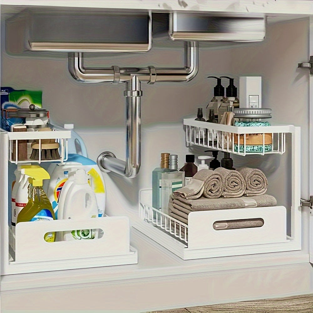 1 pz di scaffale regolabile sottolavello, un ripiano estraibile in metallo progettato per risparmiare spazio con un organizer a doppio strato per armadietti da cucina, perfetto per organizzare e smontare la zona del lavello. Questo moderno ripiano da cuci