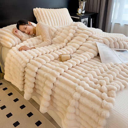 Coperta 1 pz in finta pelliccia di coniglio adatta a tutte le stagioni - Copriletto termico reversibile a righe, morbido e accogliente plaid di coniglio per ufficio, campeggio - Coperta multiuso da regalo