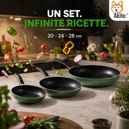 Akitaink Set 3 Padelle Antiaderenti Natura 20-24-28 cm Verde, Padelle in Alluminio con Rivestimento Antiaderente, Cottura Uniforme e Facile Pulizia