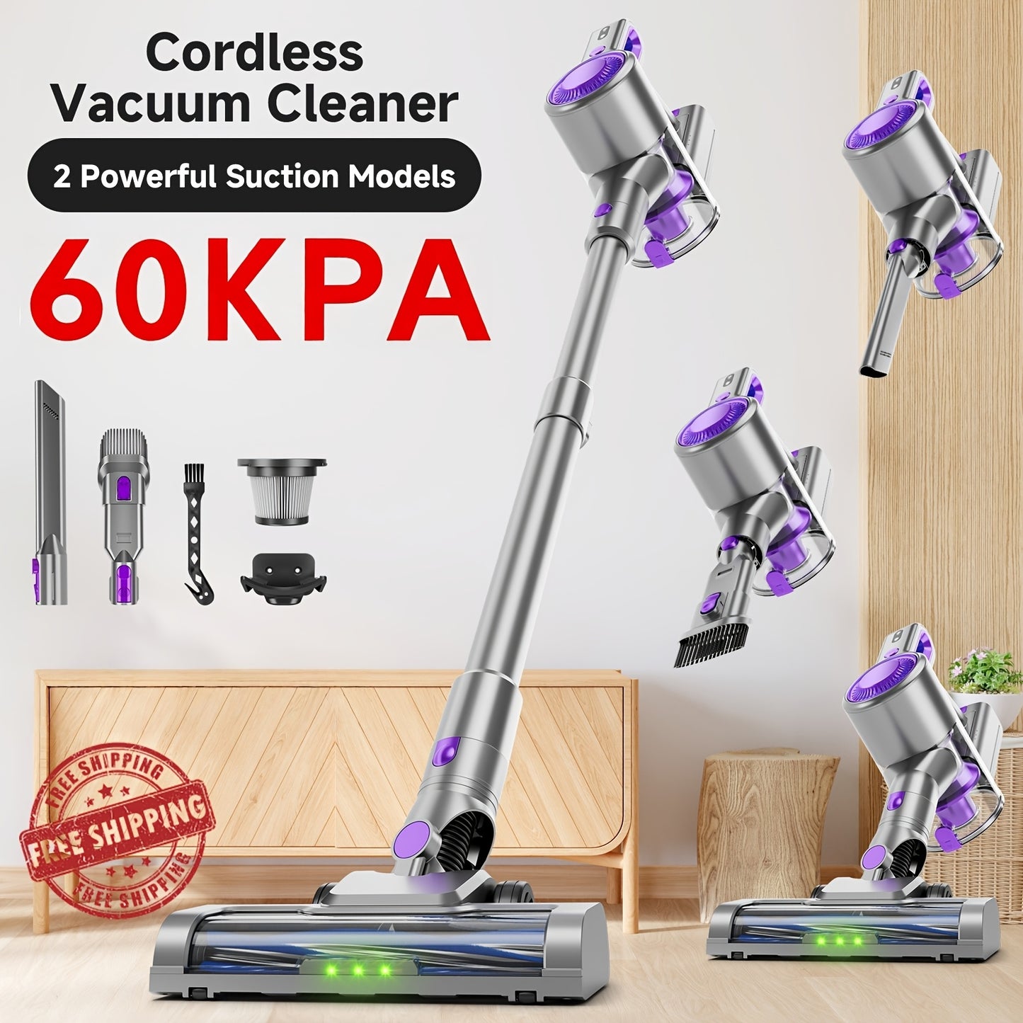 Aspirapolvere senza fili leggero da 60-70 Kpa con spazzola anti-groviglio, livelli di aspirazione multipli e una lunga durata di fino a 45 minuti, adatto per tappeti, peli di animali domestici e pavimenti in legno duro durante la pulizia di primavera