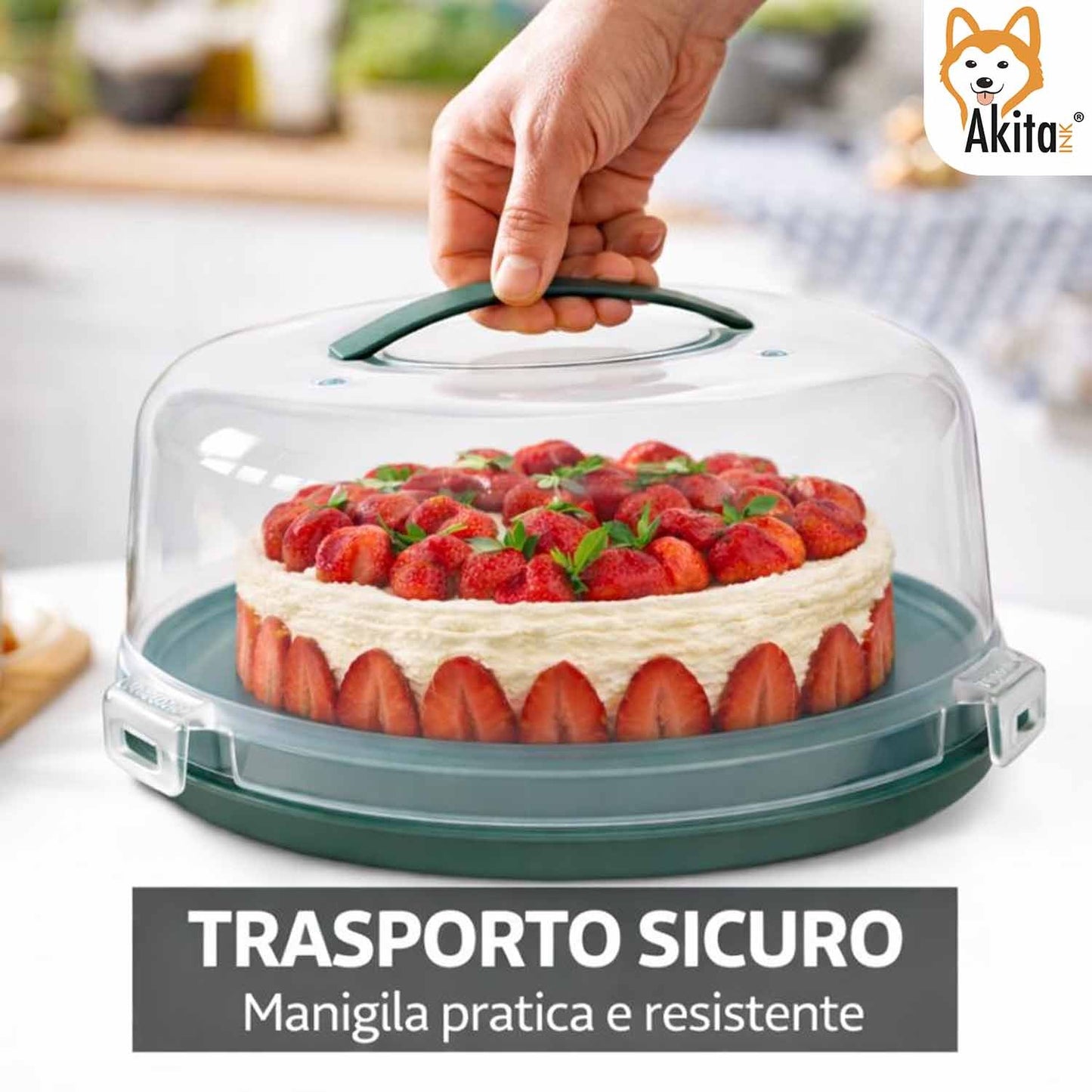 Porta Torta con Coperchio e Manico 28 cm - Campana Trasparente con 3 Chiusure di Sicurezza, Base Verde con Scomparti Portamuffin, H 15