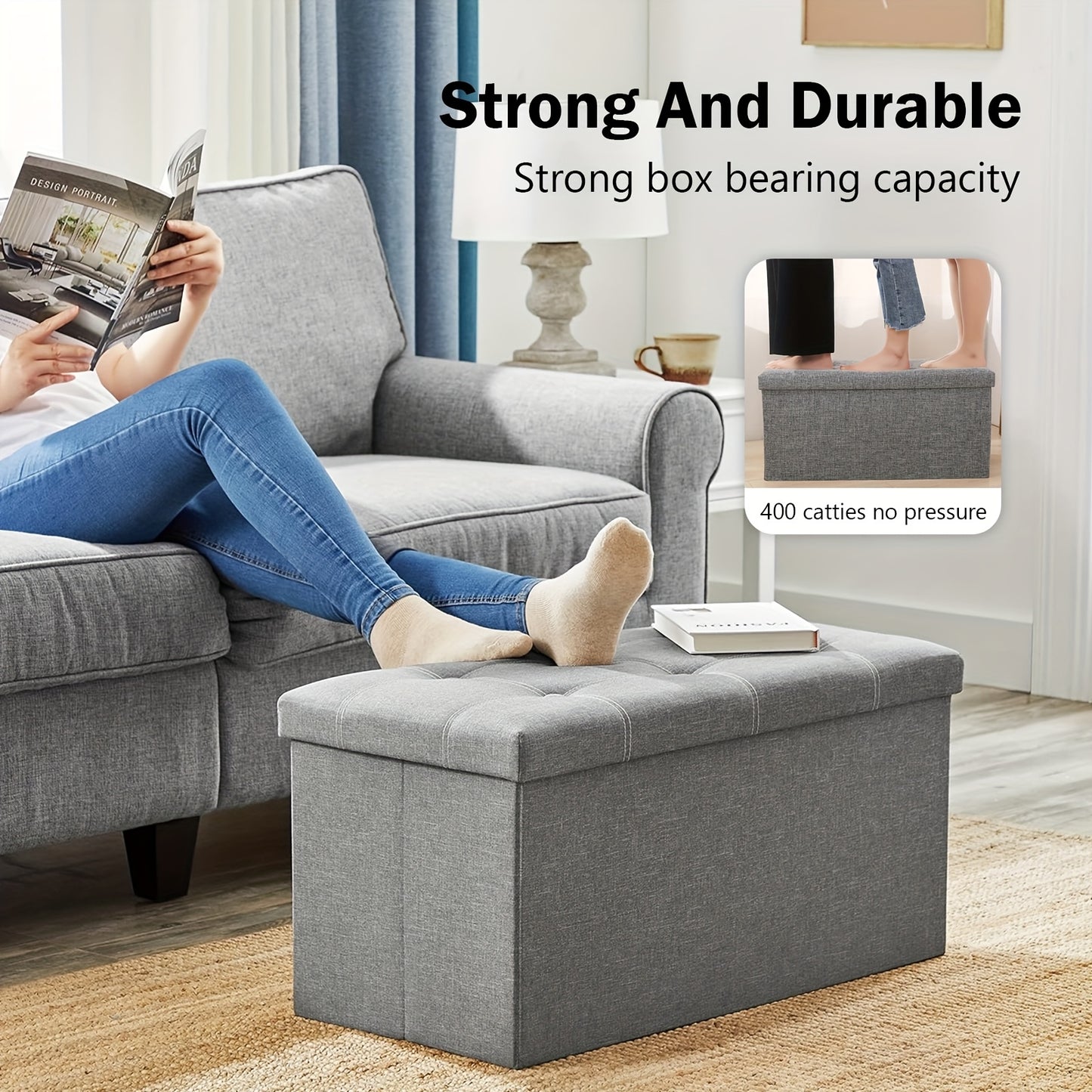 Sgabello contenitore multifunzionale moderno con seduta imbottita e contenitore pieghevole, tessuto grigio, design salvaspazio, adatto per soggiorno, camera da letto, cucina; robusto poggiapiedi rettangolare, panca, con seduta imbottita morbida