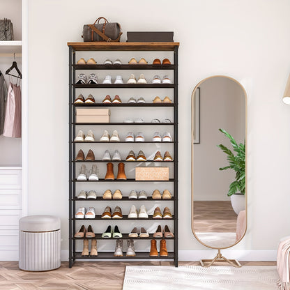 Scarpiera, Organizzatore Portascarpe a 12 Ripiani di Grande Capacità, Mensola Alta per Scarpe per Ingresso Porta d'Ingresso, Rete , Armadio, Marrone Rustico e Nero