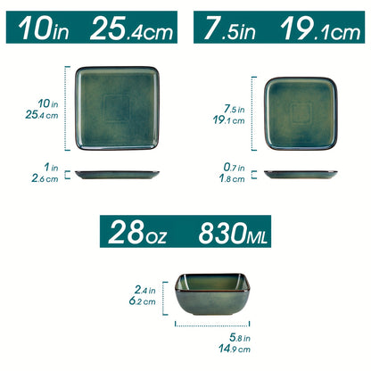 Set da pranzo verde da 12 pezzi, stoviglie quadrate con smalto reattivo, set di stoviglie da cucina in argilla con piatto da portata, piatto da dessert, set di ciotole per 4 persone, lavabile in lavastoviglie e adatto al microonde, fatto a mano, regalo pe