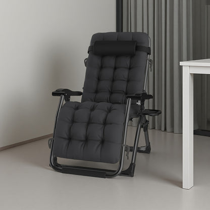 Poltrona Lounge Oversize a Gravità Zero, 72 cm Extra Larga, Reclinabile Pieghevole e Regolabile, Capacità 500 libbre/200 kg, Cuscino Morbido in Cotone Staccabile con Poggiatesta, Portabicchieri, Nero Grigio, per Giardino, Terrazza, Balcone, Patio Esterno
