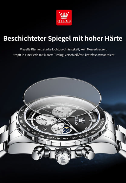 OLEVS Orologi da Uomo con Quadrante Fase Lunare Acciaio Inossidabile/Cinturino in Pelle Cronografo Lusso Business Abito Analogico Quarzo Orologi da Uomo Classici Casual Eleganti Orologi da Polso Quadrante Luminoso Nero/Bianco/Blu/Verde